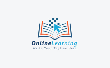 Online Learning Digital Education Vector Logo Illustration, Tech Book with Blue Cursor and Pixel Design