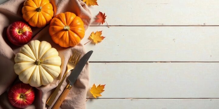 Autumnal Table Setting with Pumpkins, Apples, and Fall Leaves on Wooden Background