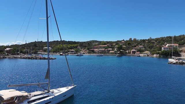 Kastos Island,Aerial view,medium shot forward,passing the entrance of the harbor than circle pan right inside the harbor,ending footage on the boats stern-to the town quay