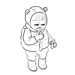 お外でおせんべいを食べるこども（線画）