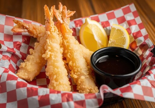 Crispy golden fried shrimp tempura served in a basket with lemon slices and dipping sauce