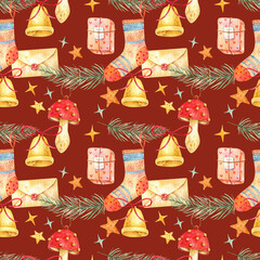 Seamless watercolor pattern with Christmas elements: candles, bells, socks, gifts and pine branches. Perfect holiday background for wrapping paper, textiles, cards and cozy Christmas background design
