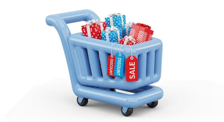 Red metal shopping cart basket containing various tools and plastic caps for retail purchase