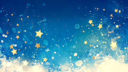 青と白の抽象的な模様の背景に金色にきらめく星のイラスト