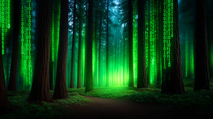 Digital Forest Silhouette Made of Glowing Green Code with Light Break

