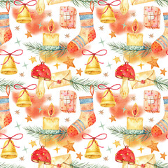 Watercolor seamless pattern with Christmas elements: bells, socks, gifts and pine branches. Perfect holiday background for wrapping paper, textiles and Christmas background designs.