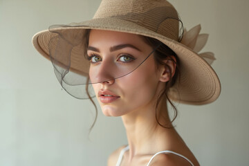 Young woman with soft features wearing a stylish beige hat  