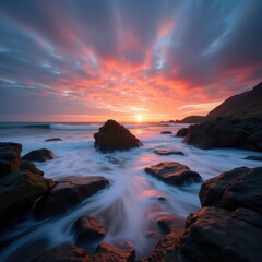 Dramatic sunset over rocky coastline with colorful clouds and ocean waves