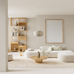 Warm natural surfaces and refined wood accents define this serene interior, featuring a large poster mock-up, airy daylight, and generous text space for clean, modern visuals. 3D illustration