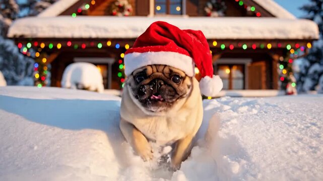 pug in santa hat in snow. front lit chalet with colorful string lights, playful leap through powder, snow spray and joyful expression, family-friendly holiday charm, ideal for seasonal ads and social.