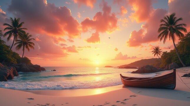 Idyllic tropical beach at sunset with palm trees and a small boat - Powered by Adobe