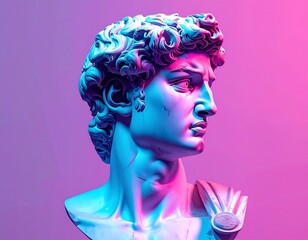 Bust of a classical figure, lit by colorful, stylized hues