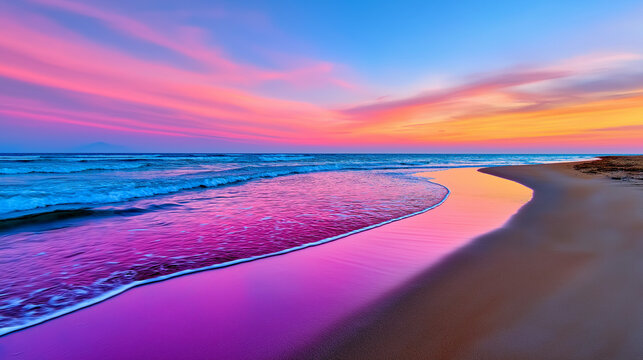 Calm Evening Beach with Warm Pink Twilight Sky and Glowing Waves