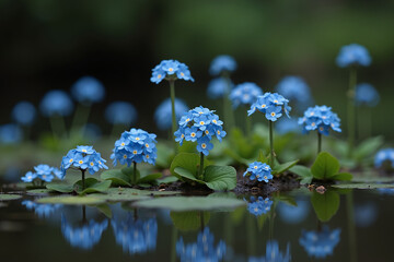 Blue forget-me-not flowers reflecting in calm water  