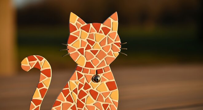 Whimsical mosaic cat sculpture basking in warm sunlight, radiating playful charm for pet lovers and adding a touch of artistic flair to any setting