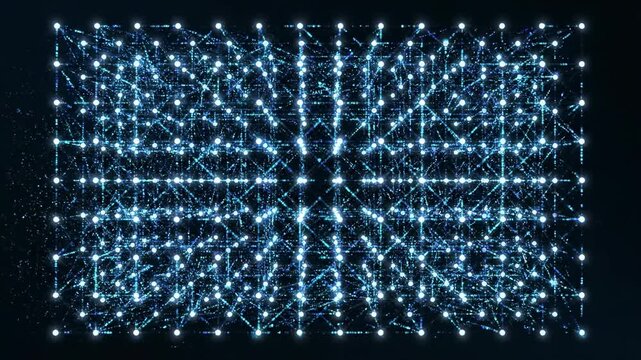 Seamless looping digital particles flow across a deep black screen, dissolving and reforming into an organized matrix pattern programming, software, future