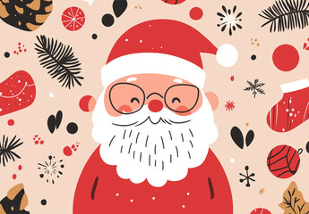 Illustration of a happy Santa in red Christmas clothes with a festive pattern, set on a brown background, perfect for holiday branding, seasonal banners, packaging and cheerful winter designs.