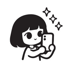 Naklejka premium Cute Cartoon Girl Taking a Selfie with Sparkles Minimalist Black and White Illustration.