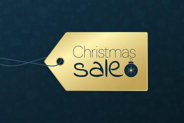 Christmas sale vector shopping tag. Snowflakes background. Blue gold gradient illustration for business, shop, advertising, web design, marketing, retail, best offer, winter discount