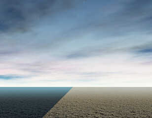 Obraz premium Serene Landscape Dramatic Sky and Desert Terrain, Peaceful Scene, Empty Space, Blue Sky, Horizon Line, Evening, Stars, Nature Background.