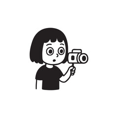 A simple black and white cartoon drawing of a girl holding a camera.