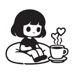 Girl enjoying coffee relaxing on a beanbag simple illustration.