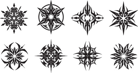 Eight striking tribal art designs with abstract geometric patterns in black and white