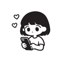 Cute cartoon girl with short hair holding a smartphone and looking at it with hearts floating around her head.