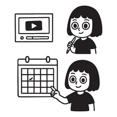 Girl watching video planning schedule and using pen.