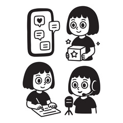 Cute Cartoon Girl Character Doodle Set for Various Activities.