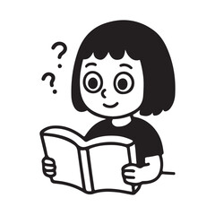 Cute cartoon girl reading a book with question marks doodle.