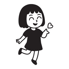Happy little girl with a heart black and white illustration.