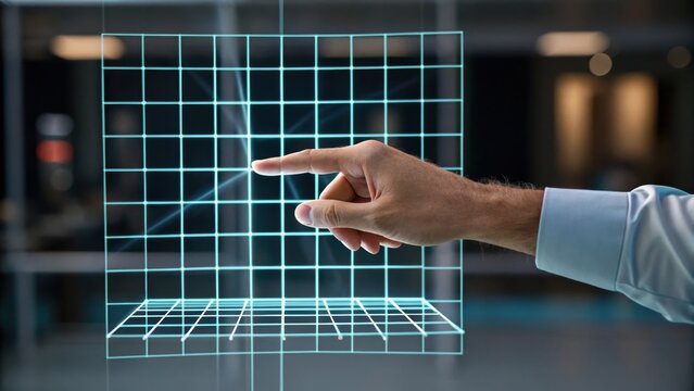 3D Business Hands A hand interacts with a 3D grid structure, showcasing technology and innovation in a modern environment. - Powered by Adobe