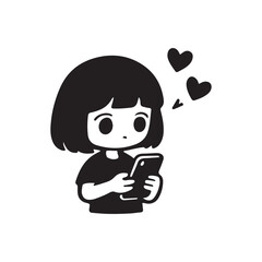 Cute cartoon girl with short hair using a smartphone.