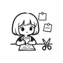 Cute Sad Girl Studying and Writing at Desk with Scissors.