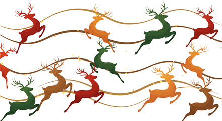 Fototapeta premium Festive illustration featuring a repeating pattern of colorful reindeer leaping across wavy golden lines.