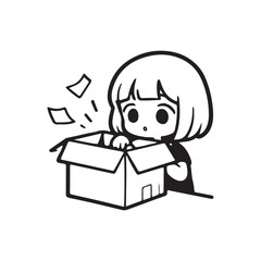 Sad cartoon girl looking inside an empty open box.