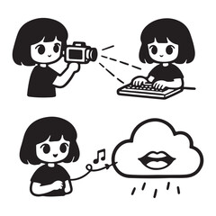 Girl recording video and sharing data with cloud service.