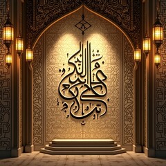Intricate islamic calligraphy illuminated in a mosque archway with lanterns