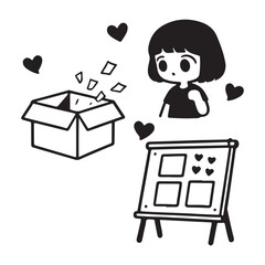 Cute Girl Unboxing Surprise Gifts and Ideas on Whiteboard.