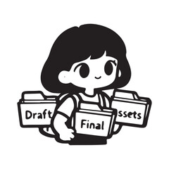 Cartoon girl holding folders representing different stages of work.