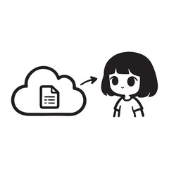 Cute Cartoon Girl Receiving Document from Cloud Storage.