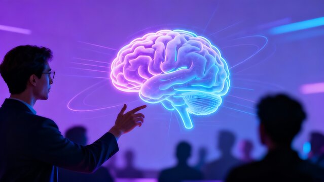 Generative AI displays a luminous brain projection in presentation