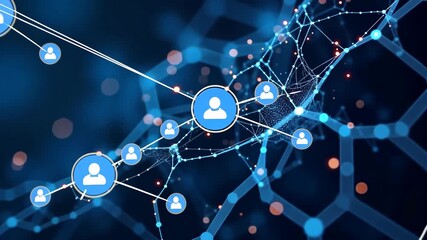 Abstract digital background featuring interconnected nodes and user icons. The design emphasizes technology and networking concepts with a blue color scheme, social network, connection - Powered by Adobe
