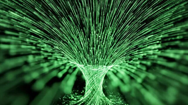 Seamless loop of bright electric green lines forming a rotating energy funnel representing flowing data or futuristic digital connectivity neon, abstract system, wireframe