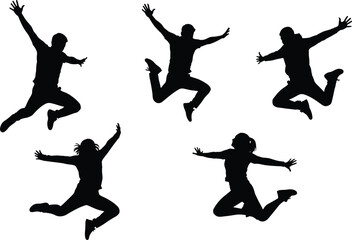 Dynamic Silhouettes of Five Happy Young People Jumping for Joy, Celebrating Freedom and Success, Arms Raised in Excitement, Isolated Vector Graphic Design Element
