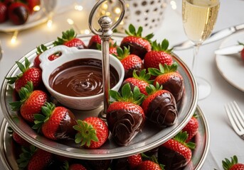 Chocolate-dipped strawberries served on a tiered stand with champagne, a decadent dessert treat.
