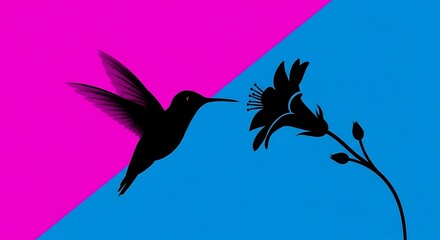 Vibrant hummingbird silhouette design with flower against bold pink and blue backdrop for modern, eye-catching branding and creative projects