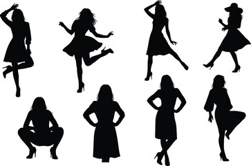 Fashionable Women Silhouettes Collection, Group of Female Figures in Various Poses, Dancing, Modeling, and Striking Stylish Attitudes, Isolated Vector Graphic Element.