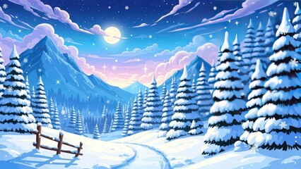 A serene winter landscape depicts snow-covered trees, mountains, and a peaceful night sky.